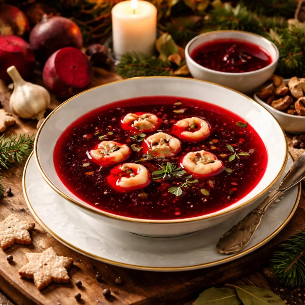 Barszcz czerwony na Wigilię w białej misce z uszkami, klarowny czerwony wywar na drewnianym stole