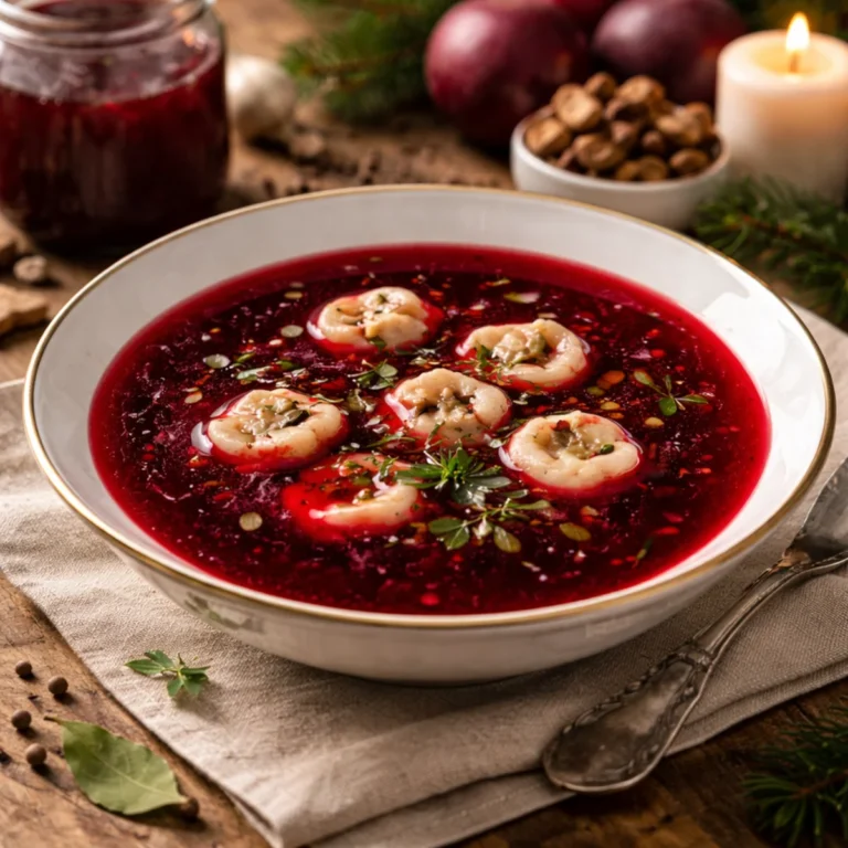 Barszcz czerwony na Wigilię w misce, klarowny czerwony wywar z uszkami i ziołami na lnianej serwetce
