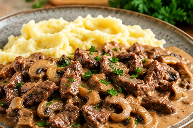 Boeuf Strogonow z kawałkami wołowiny i pieczarkami w kremowym sosie podany z puree ziemniaczanym