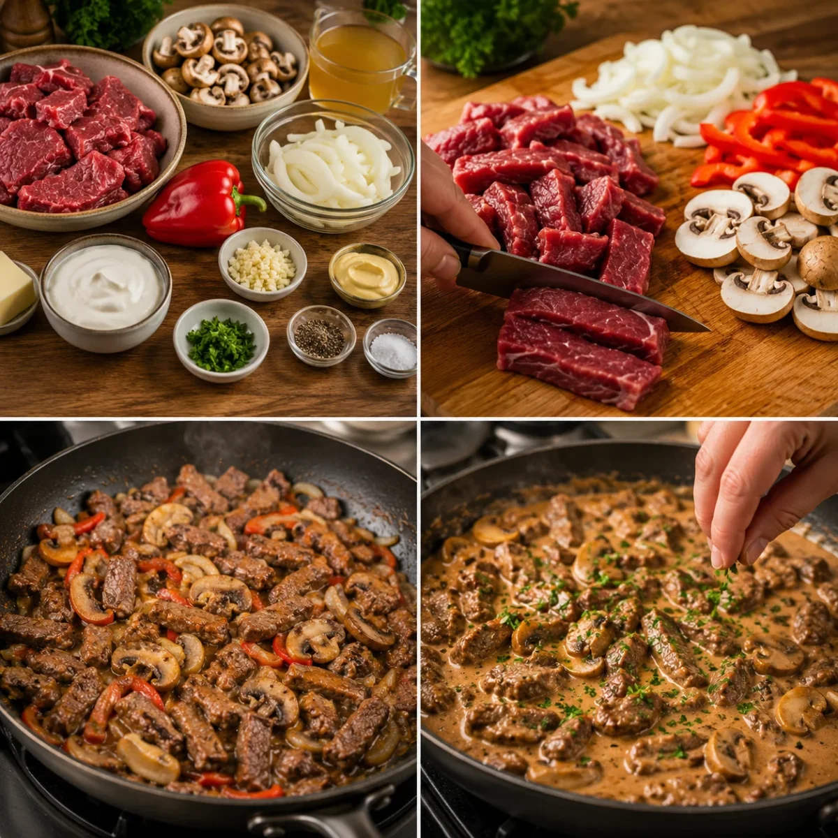 Kolaż czterech ujęć Boeuf Strogonow z wołowiną, pieczarkami, makaronem i puree ziemniaczanym