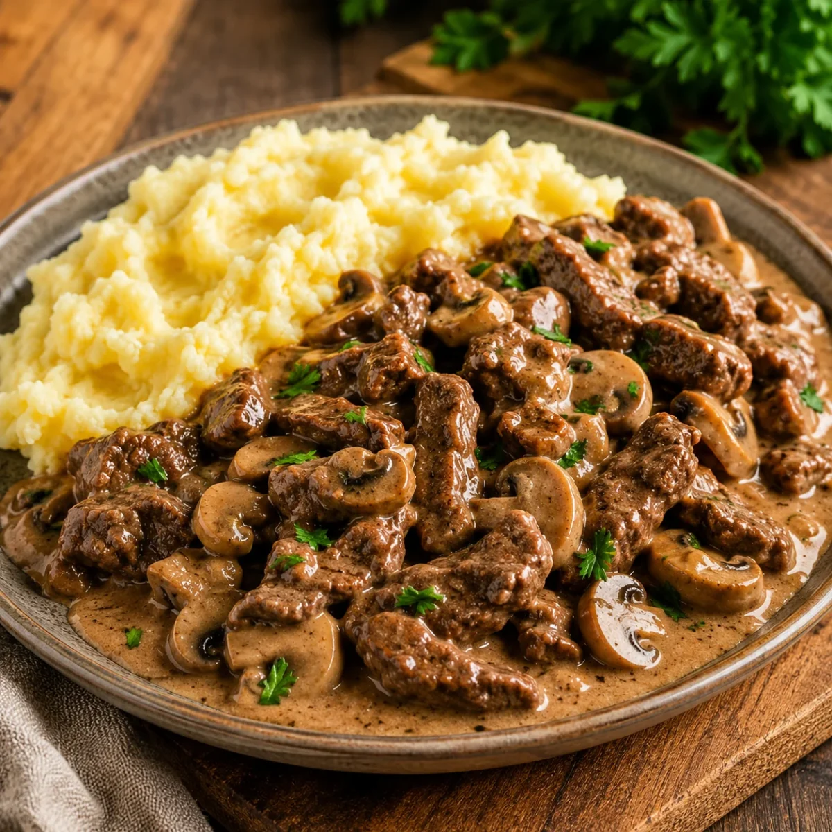 Zbliżenie na wołowinę i pieczarki w kremowym sosie strogonow
