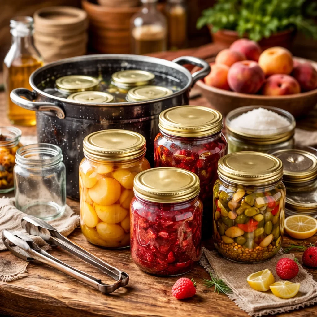 Domowe pasteryzowanie przetworów – słoiki z dżemem i owocami oraz garnek do pasteryzacji w kuchni