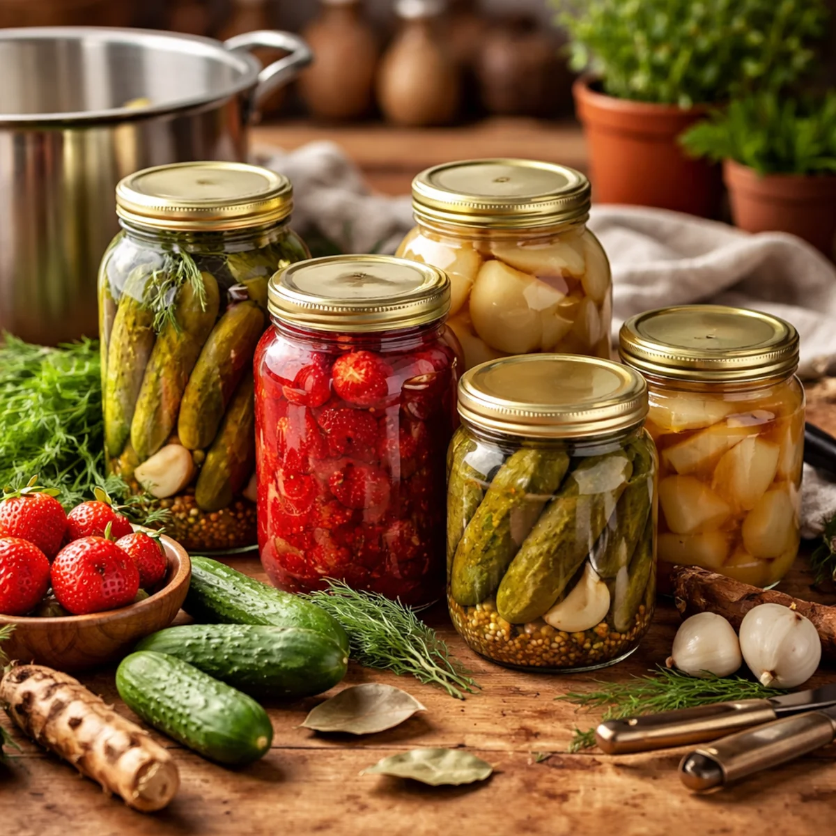 Domowe pasteryzowanie przetworów – słoiki z ogórkami, dżemem truskawkowym i kompotem na drewnianym stole