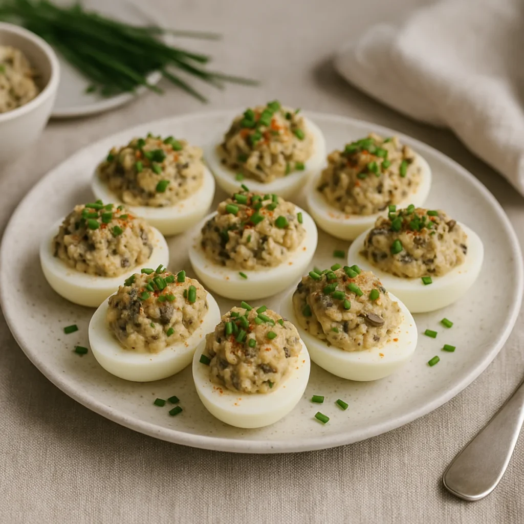 Jajka faszerowane pieczarkami i szczypiorkiem ułożone na jasnym talerzu na lnianym obrusie
