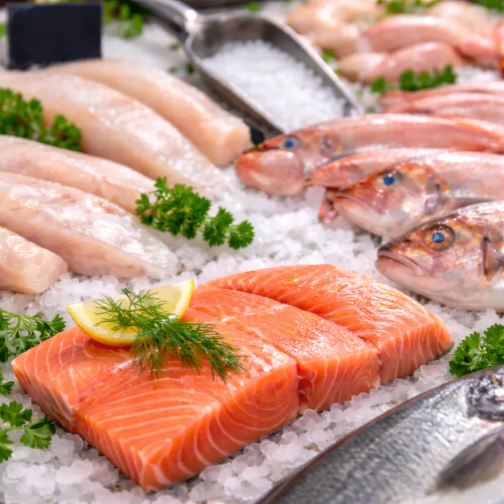 Świeże filety i całe ryby na kruszonym lodzie w sklepie rybnym