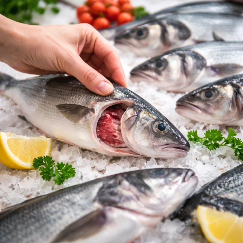 Sprawdzanie skrzeli świeżej ryby na lodzie przy ladzie rybnej