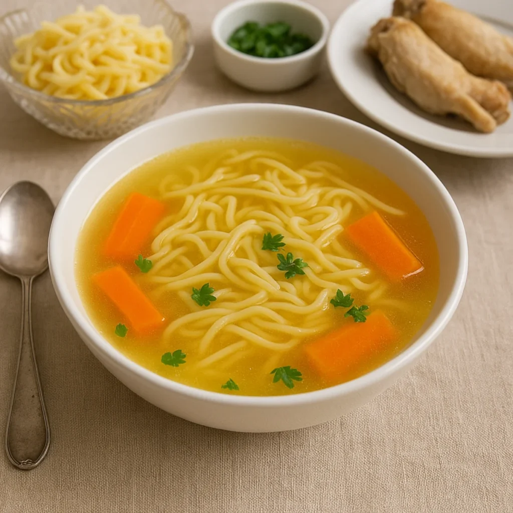 Klarowny rosół z kury z makaronem i marchewką w białej misce na jasnym obrusie.