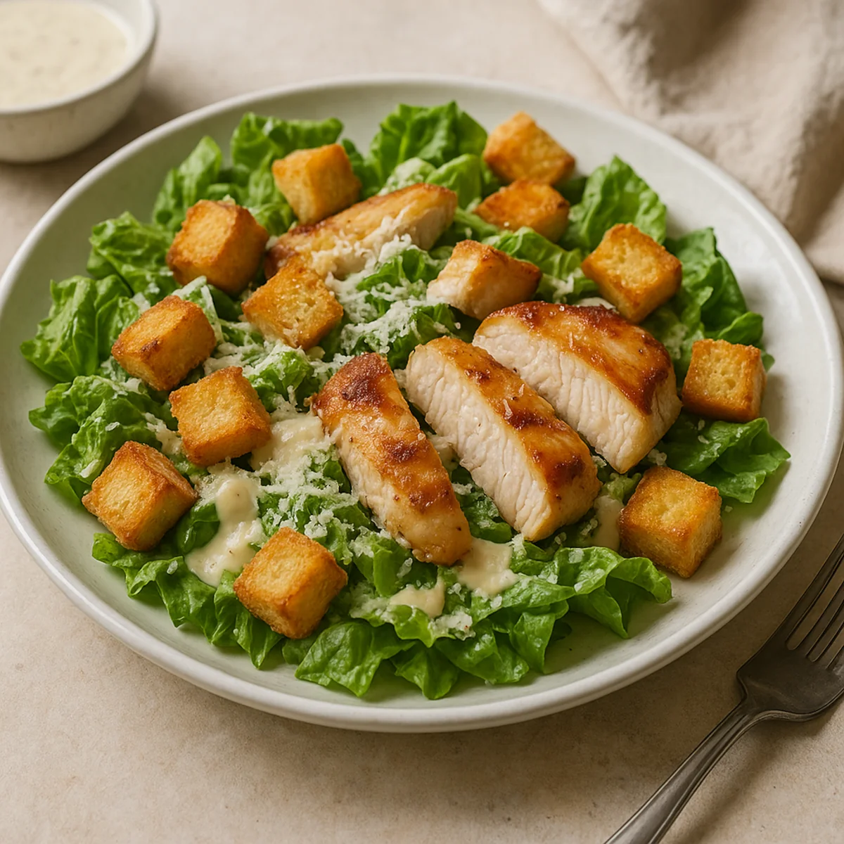 Klasyczna sałatka Cezar z grillowanym kurczakiem, grzankami i parmezanem na białym talerzu