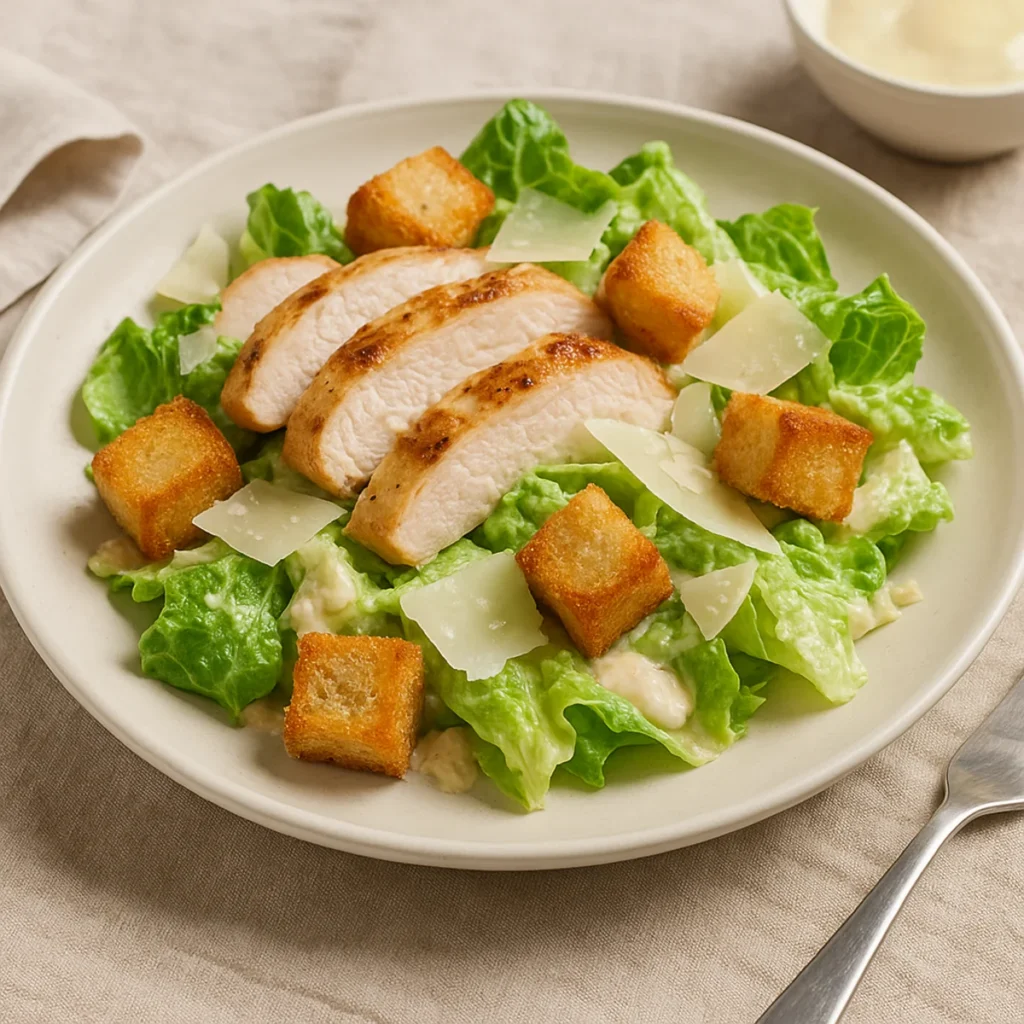 Klasyczna sałatka Cezar z grillowanym kurczakiem, grzankami i parmezanem na jasnym talerzu