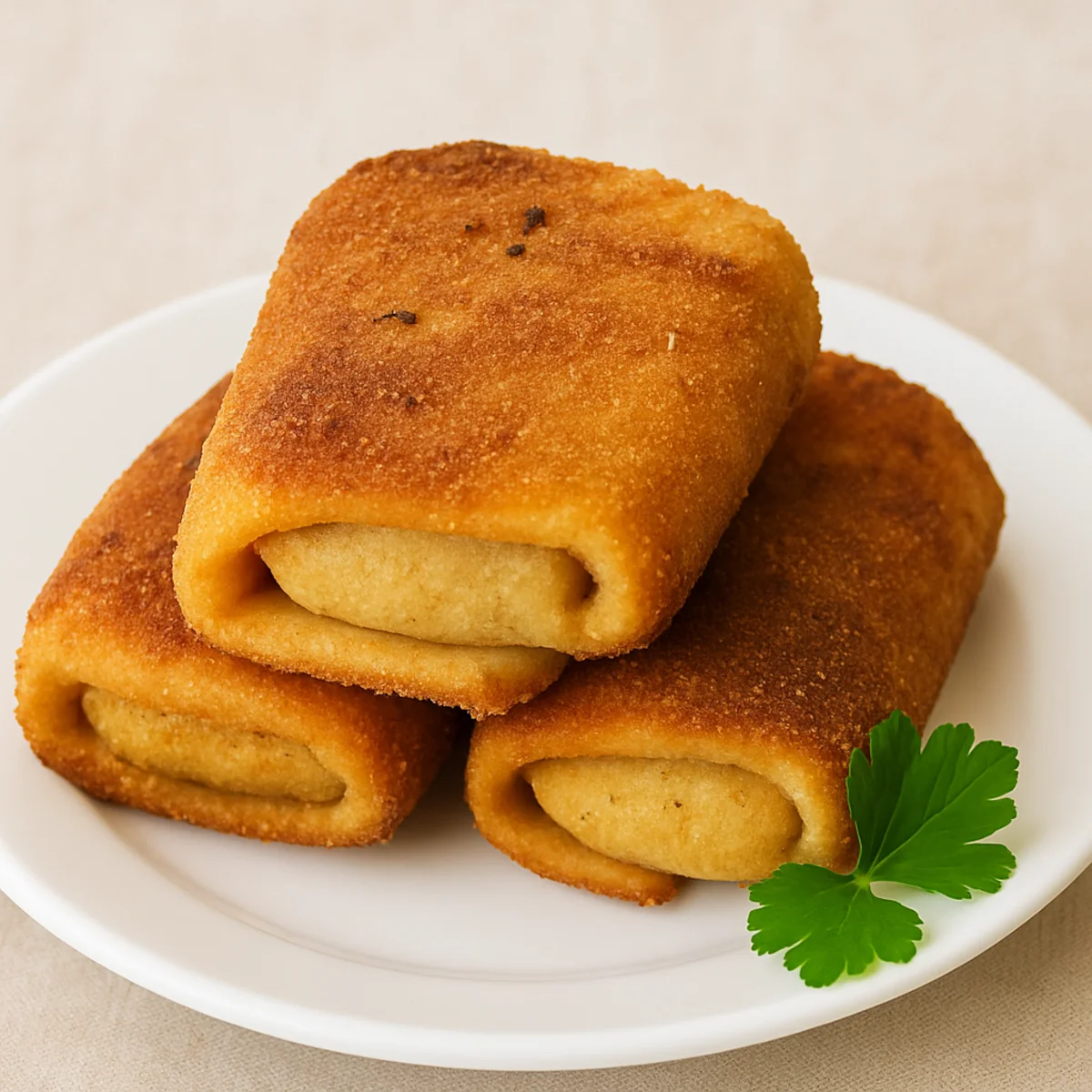 Trzy domowe krokiety z mięsem na białym talerzu, zrumienione na złoto