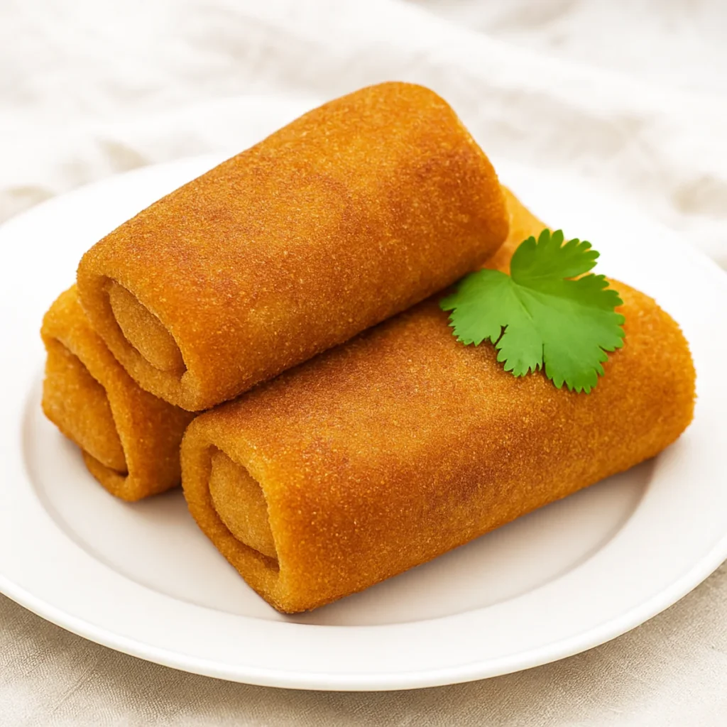 Złociste krokiety z mięsem na białym talerzu, podane z listkiem pietruszki