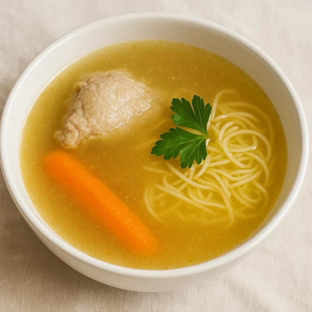 Domowy mętny rosół z makaronem nitki, marchewką i kawałkiem kurczaka widziany z góry