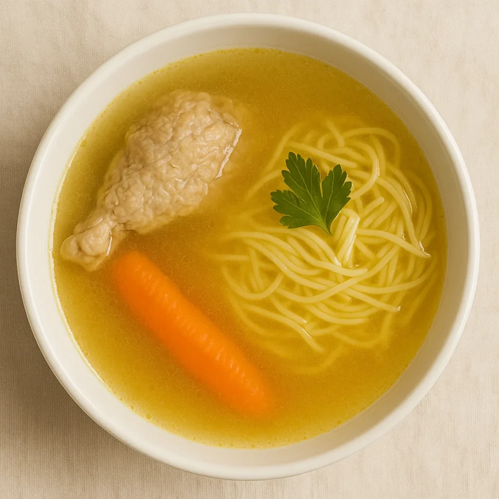 Mętny rosół z kurczaka z makaronem nitki, marchewką i natką pietruszki w białej misce