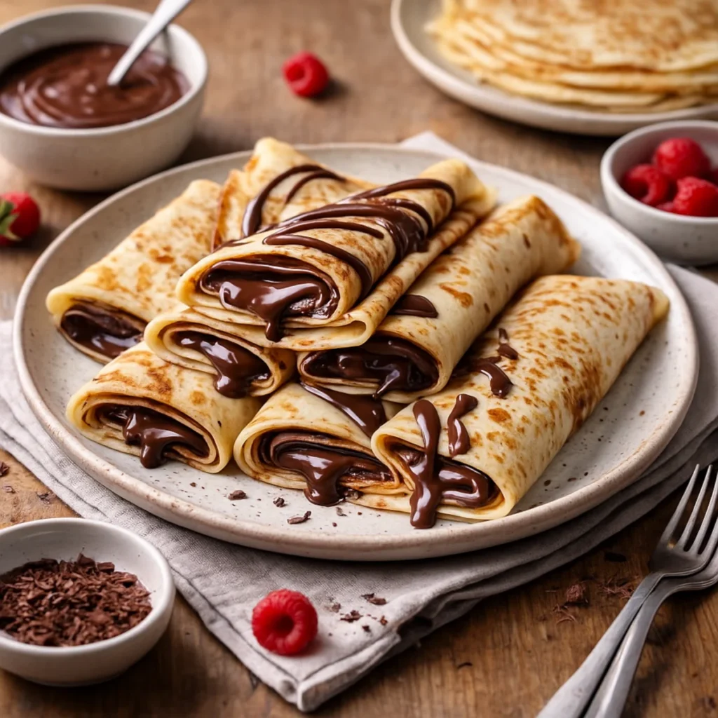 Naleśniki z czekoladą ułożone w stos na talerzu, polane gęstym sosem czekoladowym