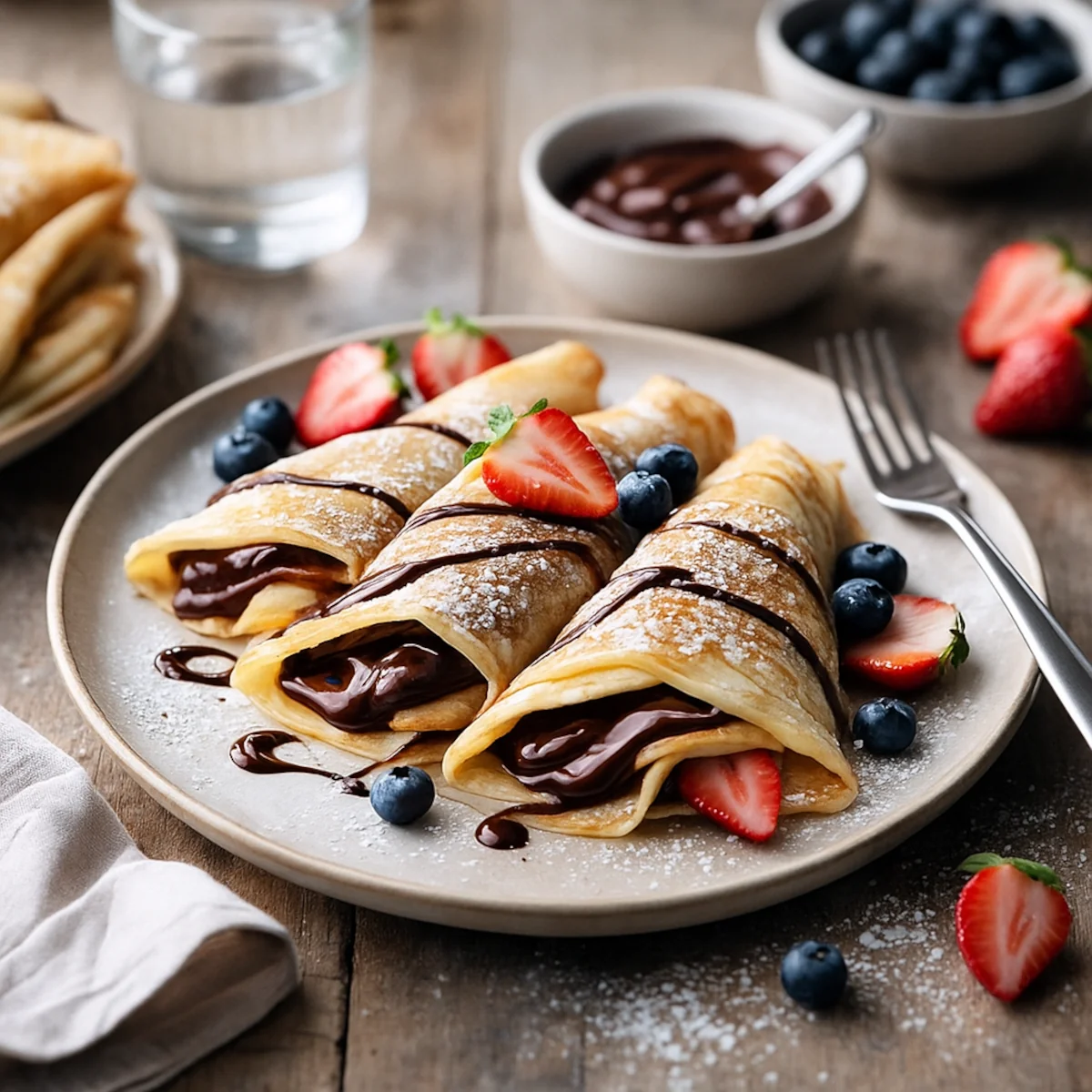 Naleśniki z czekoladą podane z truskawkami i borówkami na rustykalnym stole