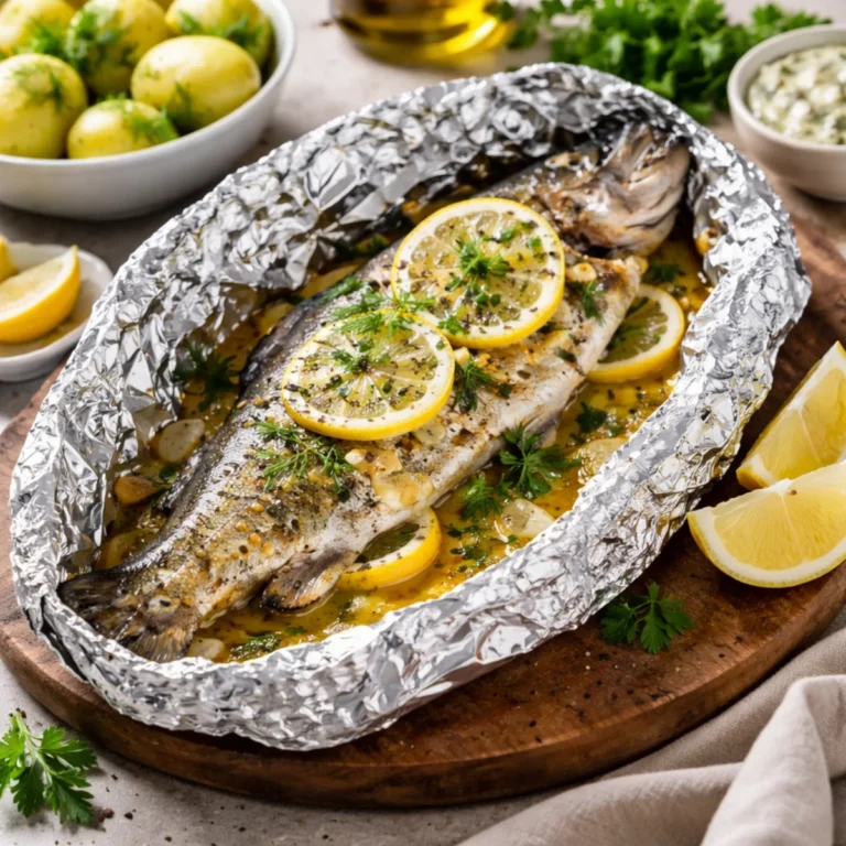 Pstrąg pieczony w folii z cytryną, masłem i ziołami na desce