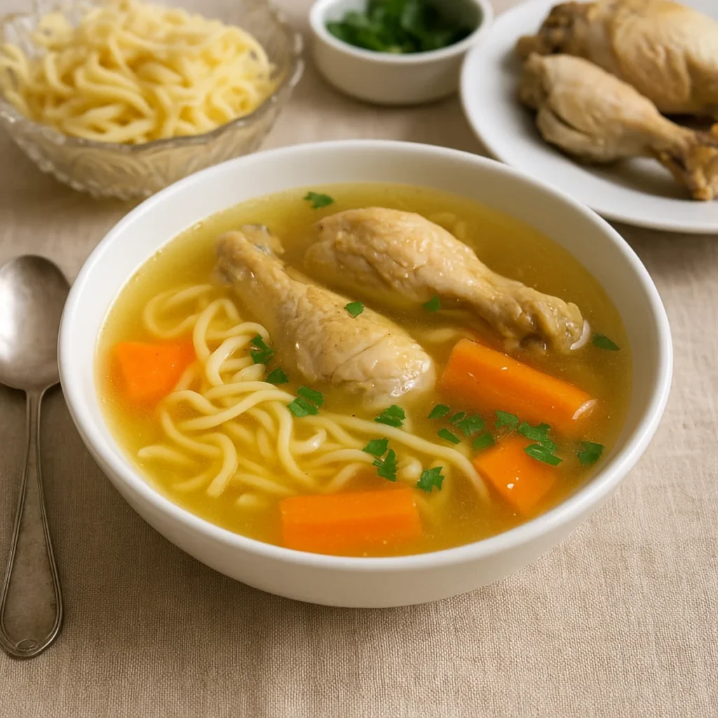 Domowy rosół z kury z makaronem, marchewką i kawałkami mięsa w białej misce na zwykłym stole.