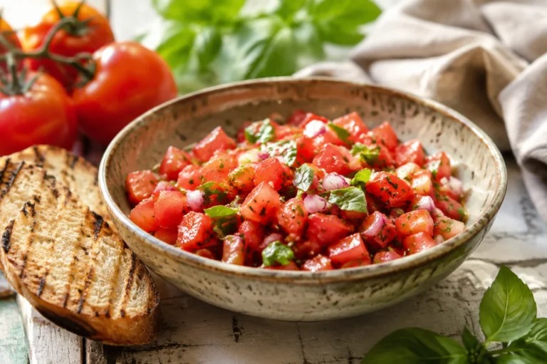Świeża salsa pomidorowa z bazylią i czerwoną cebulą