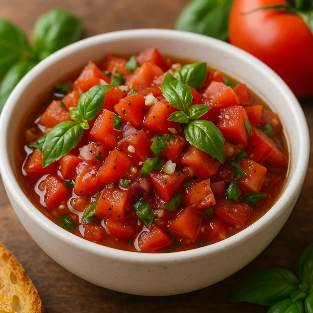 Miska salsy pomidorowej z bazylią z dekoracją z listków bazylii na wierzchu