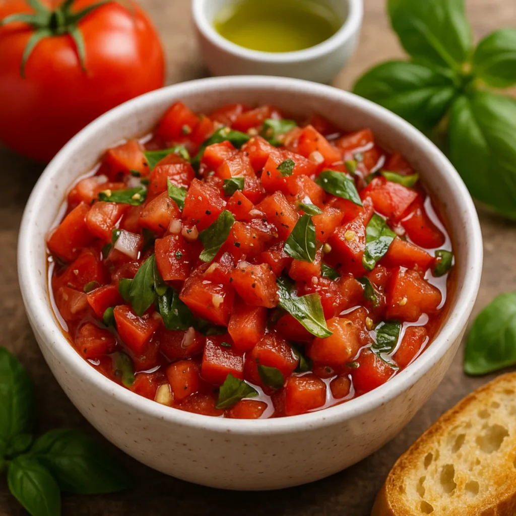 Świeża salsa pomidorowa z bazylią w ceramicznej misce, otoczona pomidorami, oliwą i pieczywem