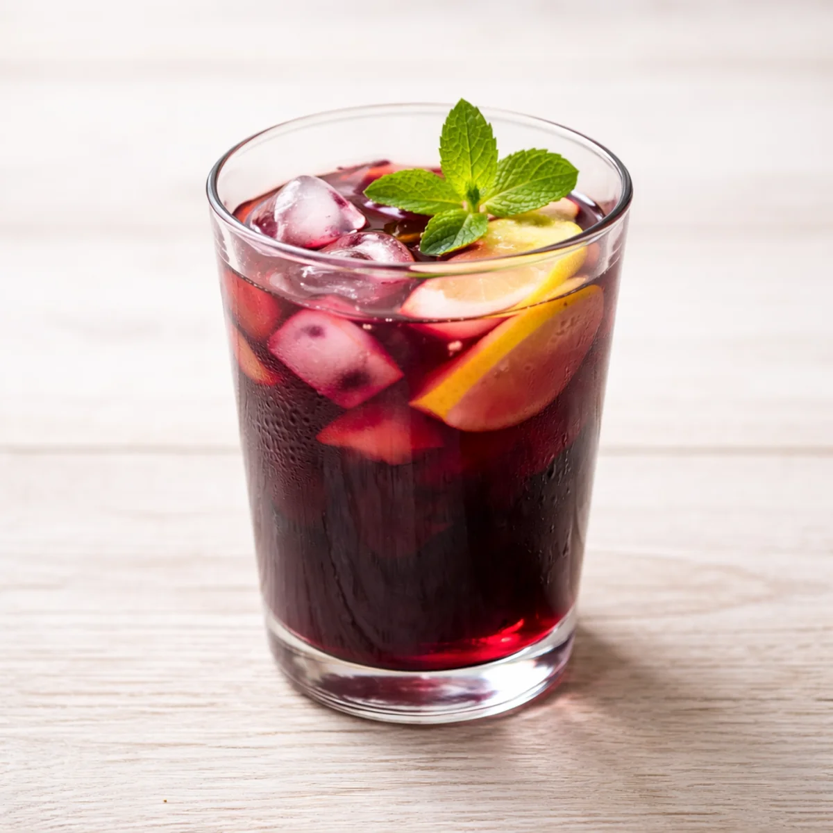 Szklanka domowego soku z czarnej porzeczki z kostkami lodu na jasnym drewnianym stole