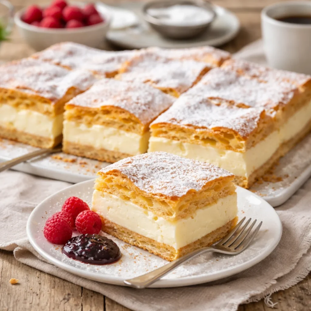 Stary przepis na karpatkę – kawałek karpatki z kremem waniliowym na talerzyku, na drewnianym stole