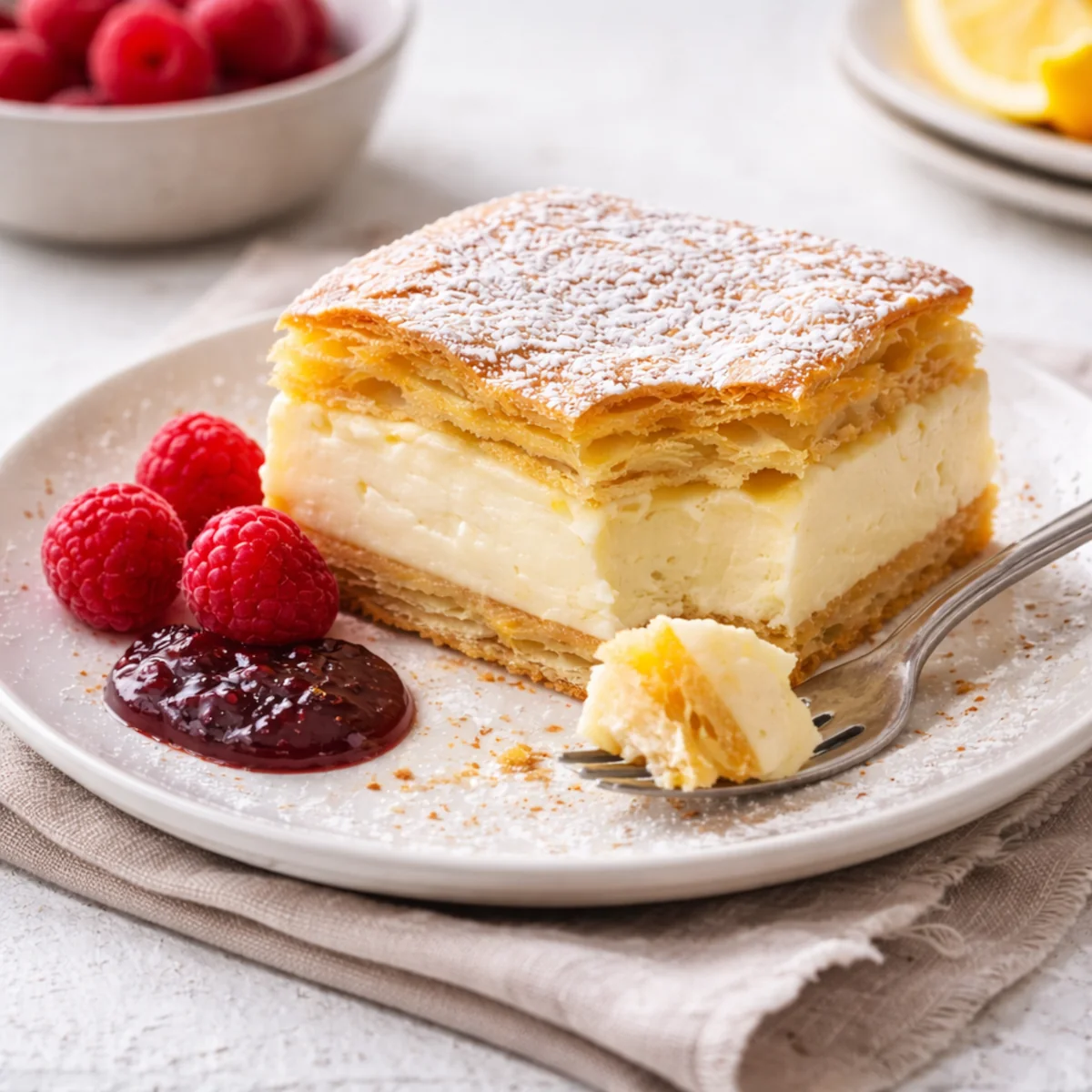 Stary przepis na karpatkę – napoczęty kawałek karpatki z kremem waniliowym na talerzyku, z malinami i konfiturą