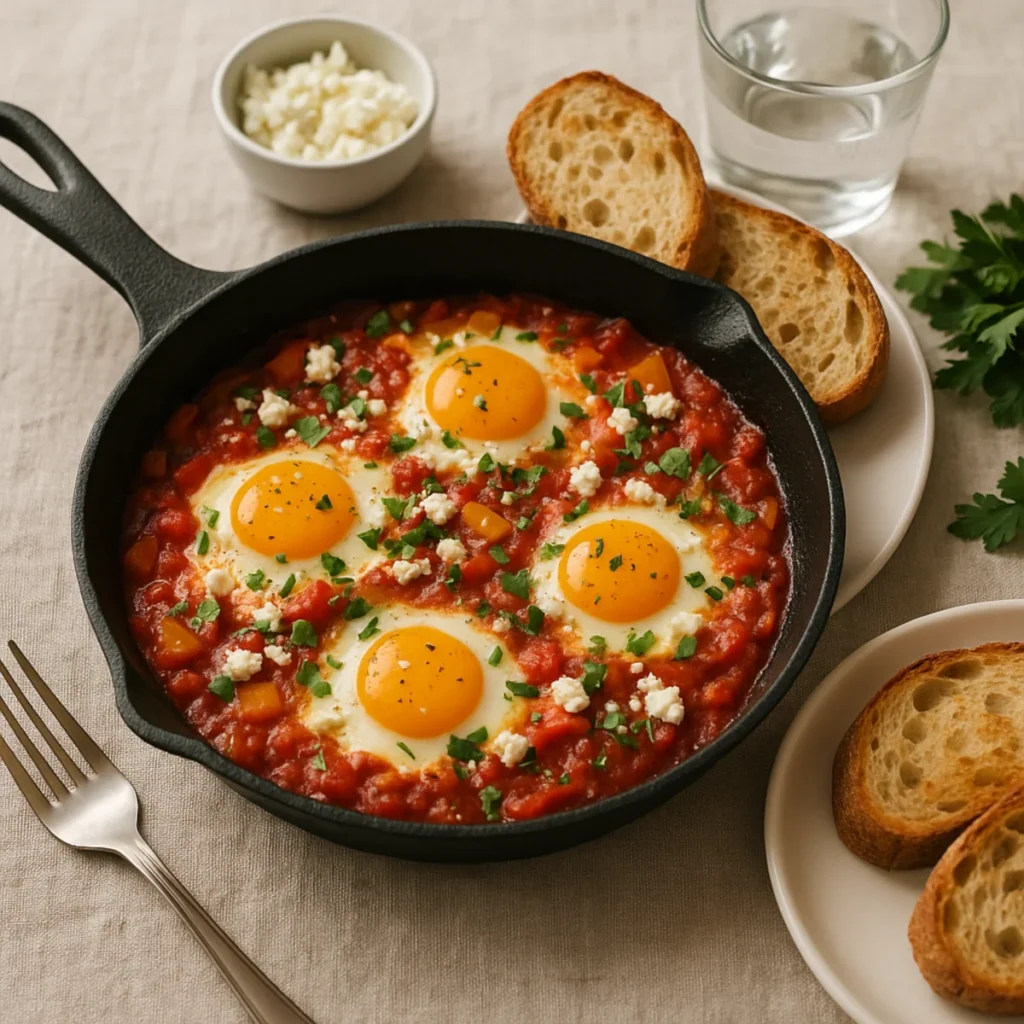 Szakszuka na śniadanie w żeliwnej patelni z jajkami, fetą i natką pietruszki, podana z pieczywem na jasnym obrusie.