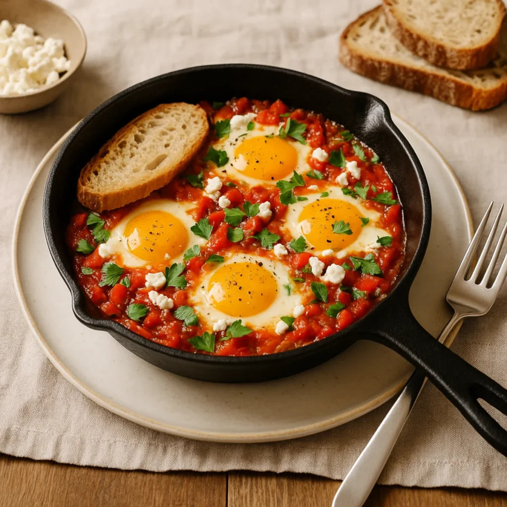 Szakszuka na śniadanie z jajkami i fetą w patelni, z kromkami chleba na talerzu na drewnianym stole.