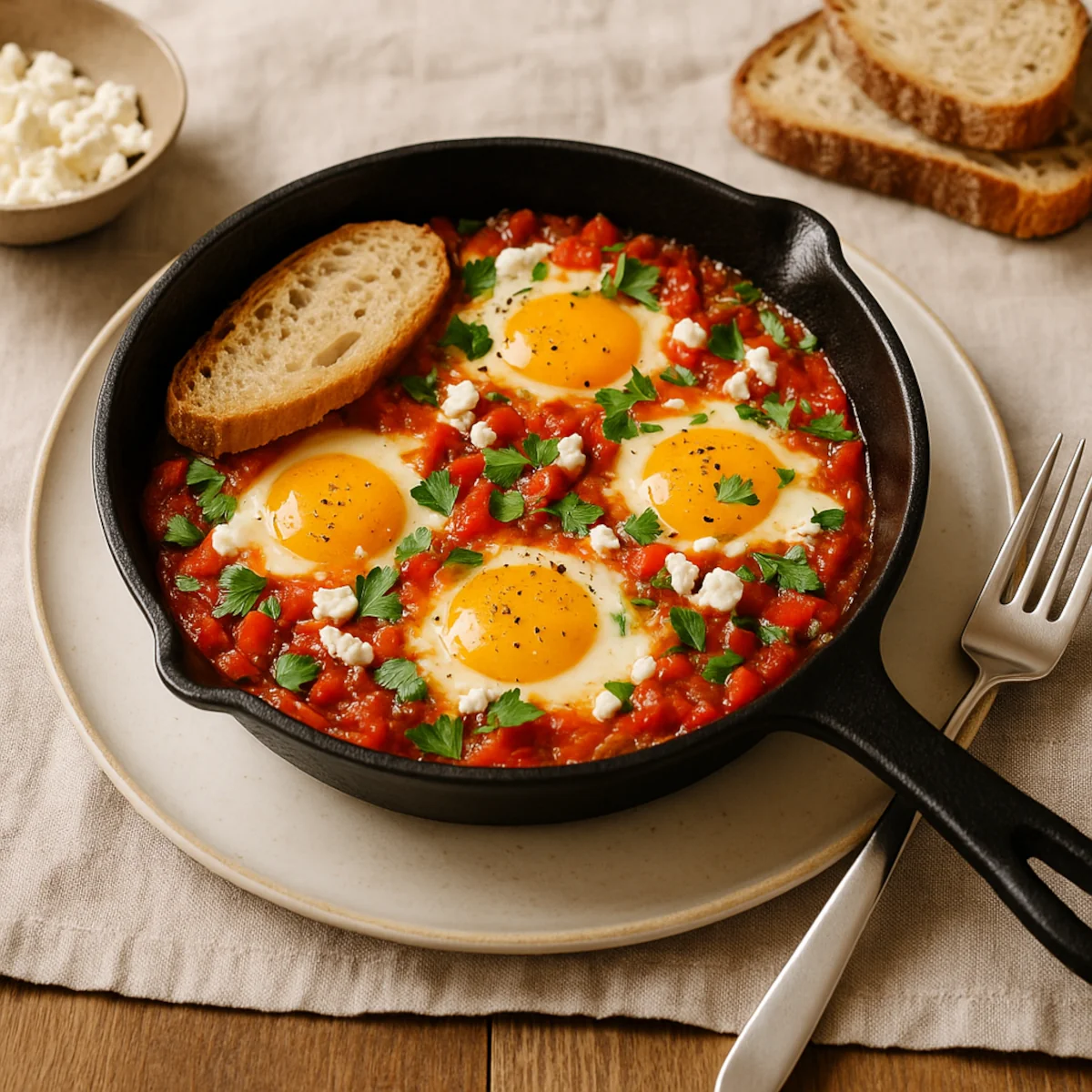 Szakszuka na śniadanie z jajkami i fetą w patelni, z kromkami chleba na talerzu na drewnianym stole.