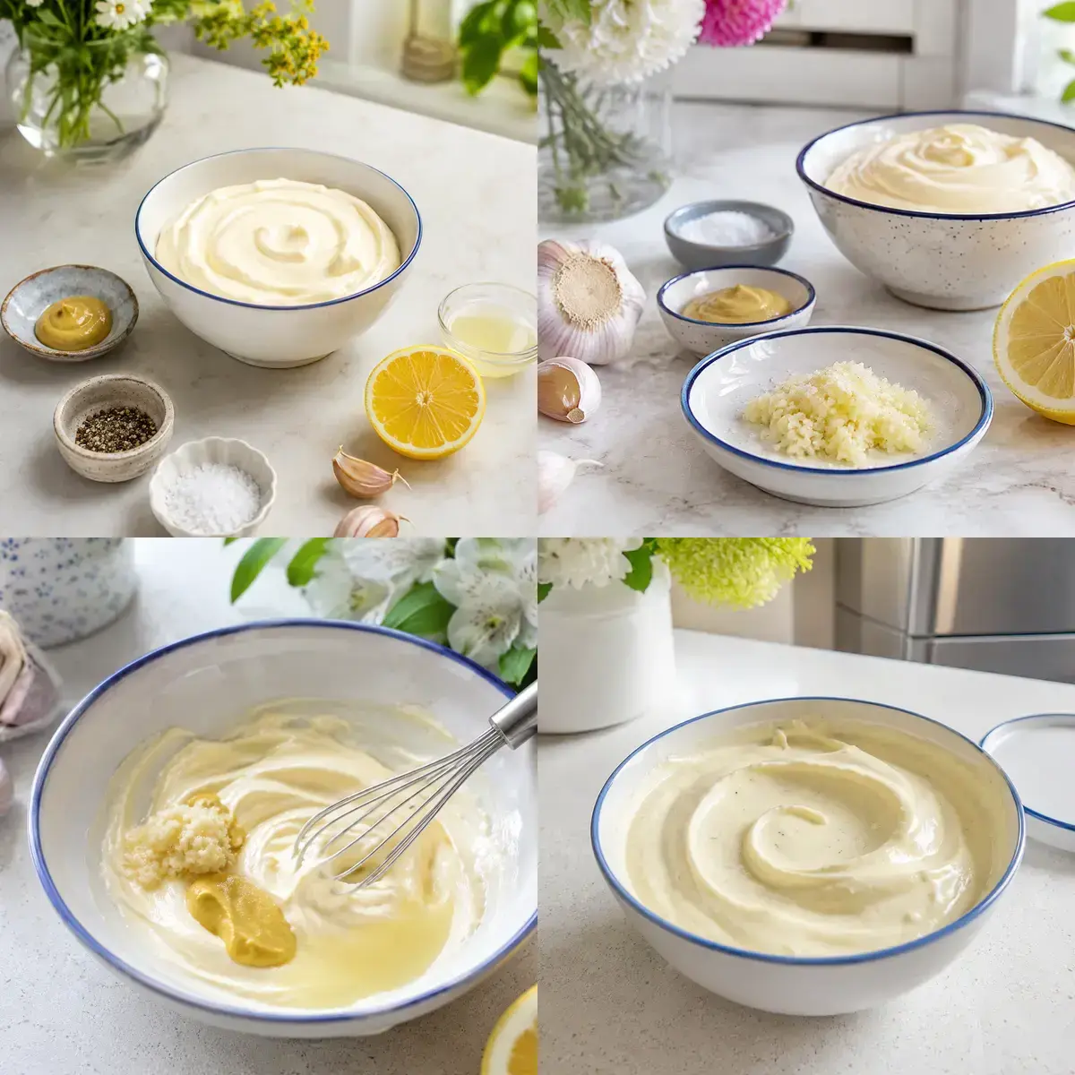 Cztery etapy przygotowania kremowego dipu aioli