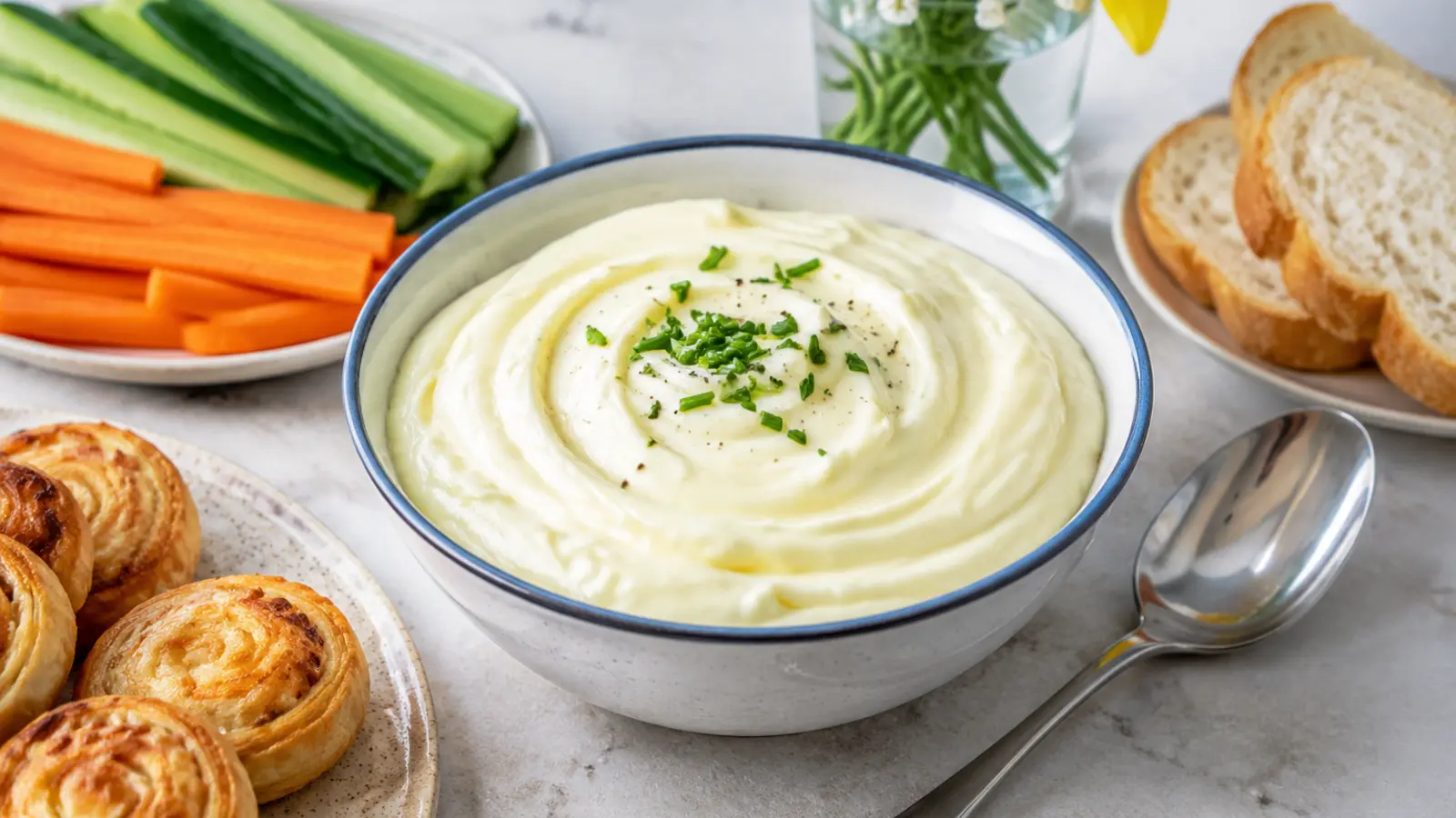 Kremowy dip aioli w ceramicznej miseczce z warzywami i pieczywem