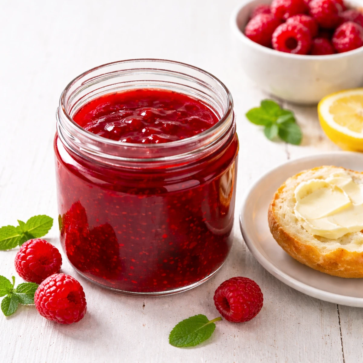 Dżem malinowy bez pestek w otwartym słoiku na białym stole obok bułki z masłem