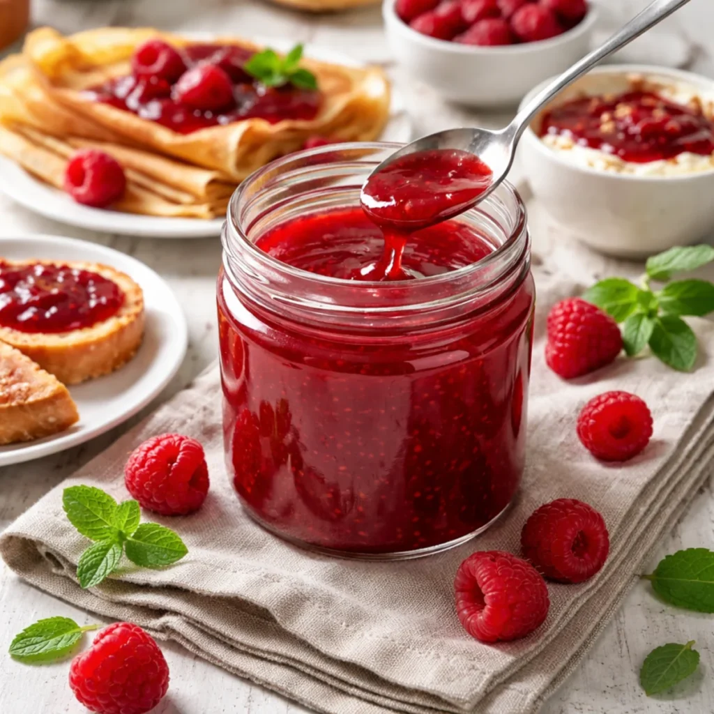 Dżem malinowy bez pestek w otwartym słoiku na stole, gładki i domowy