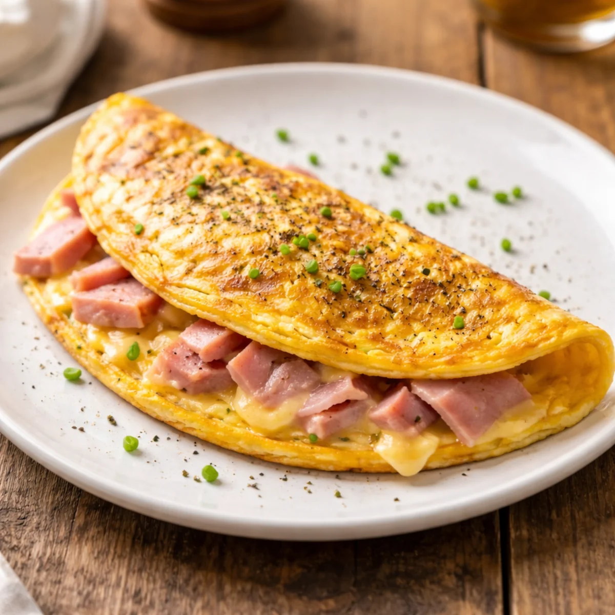 Złocisty omlet z szynką i serem na białym talerzu – cienko pokrojona szynka i roztopiony ser