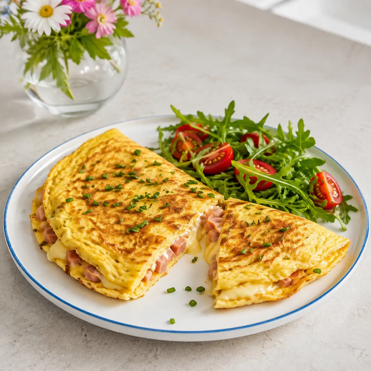 Przekrojony omlet z szynką, serem i szczypiorkiem