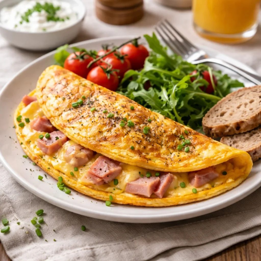 Puszysty omlet z szynką i serem na talerzu, z rukolą i pomidorkami na śniadanie