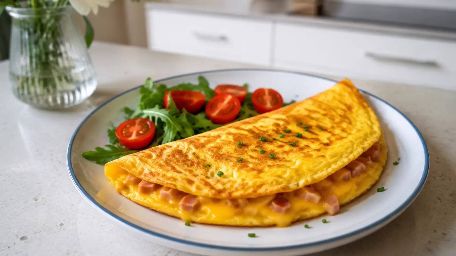 Puszysty omlet z szynką i serem podany z rukolą i pomidorkami