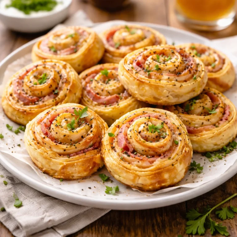 Ślimaczki z ciasta francuskiego z szynką i serem na białym talerzu – chrupiące, złociste zawijaski