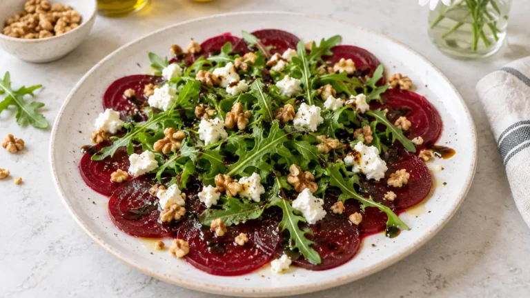 Carpaccio z buraków z rukolą, kozim serem, orzechami i pestkami granatu