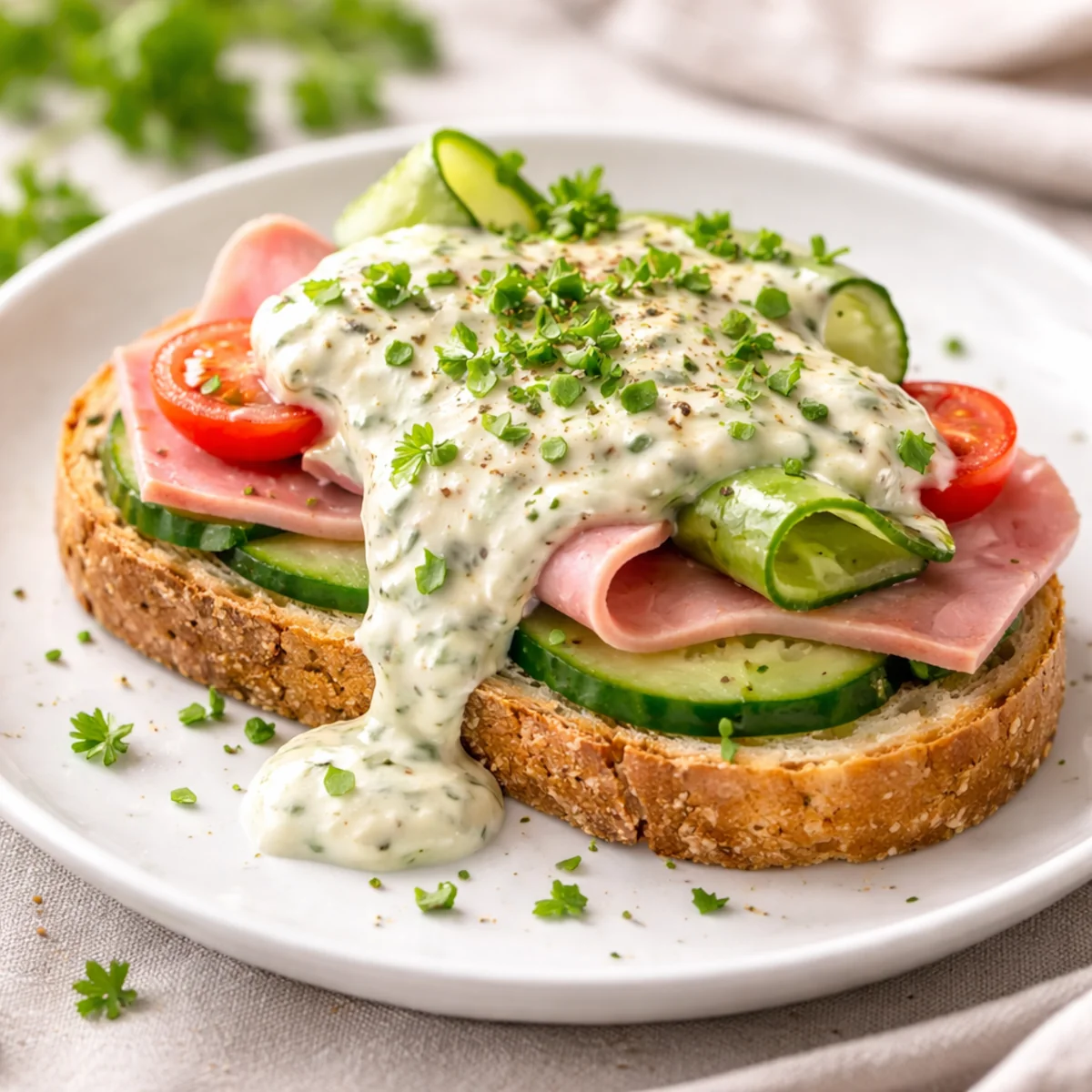 Kanapka z szynką na talerzu polana sosem ziołowym do kanapek, z ogórkiem i pomidorem