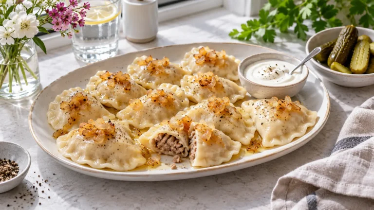 Pierogi z mięsem wieprzowym podane ze złotą cebulą, śmietaną i ogórkami kiszonymi