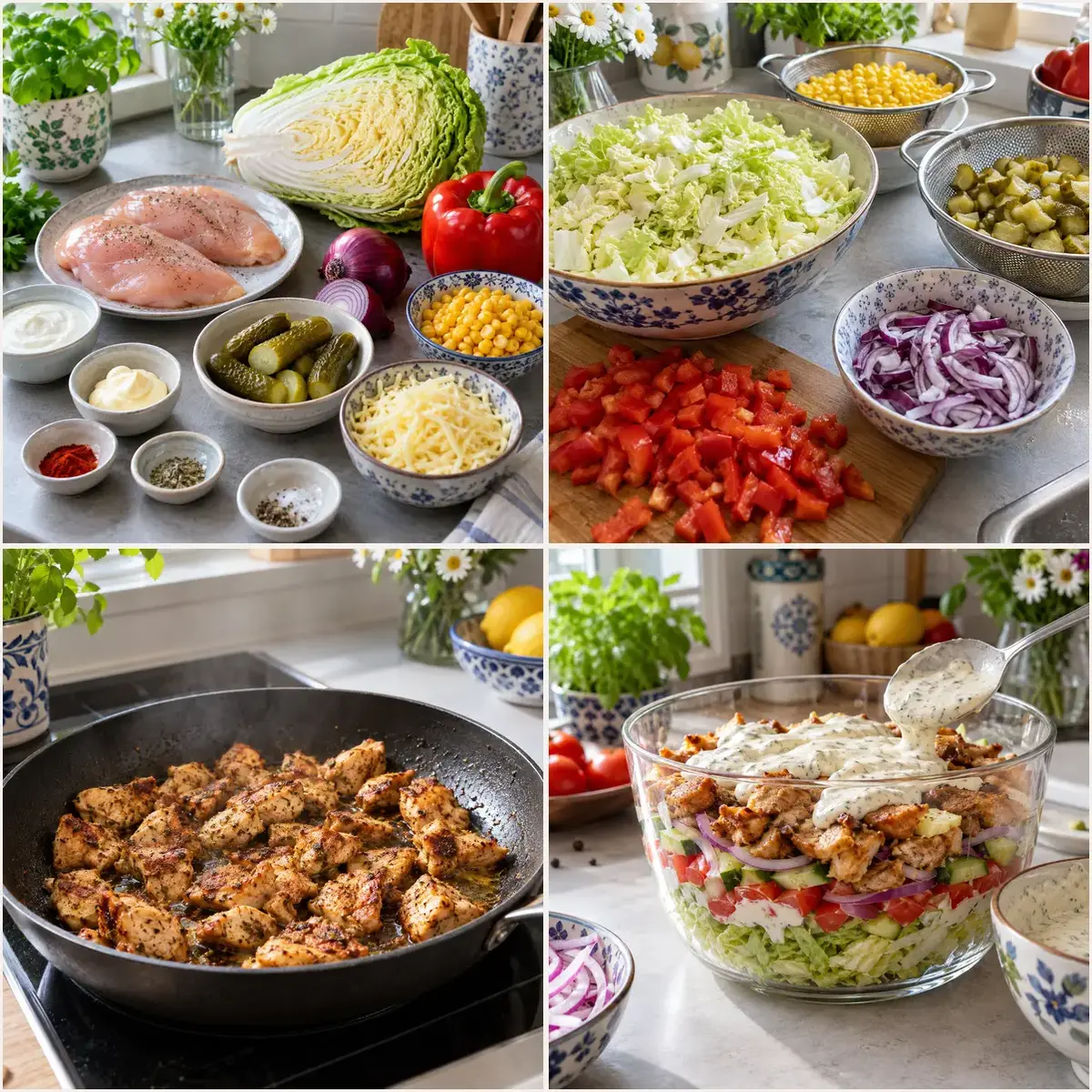 Etapy przygotowania sałatki gyros: składniki, warzywa, smażenie kurczaka i nakładanie sosu