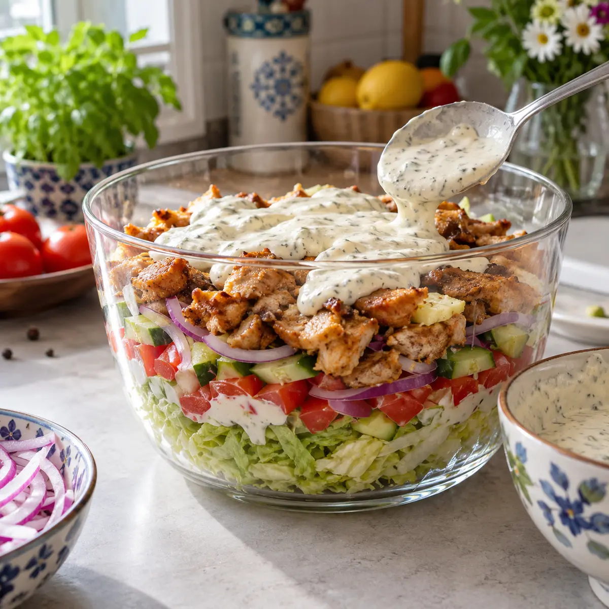 Sałatka gyros podczas nakładania kremowego sosu na warstwę kurczaka