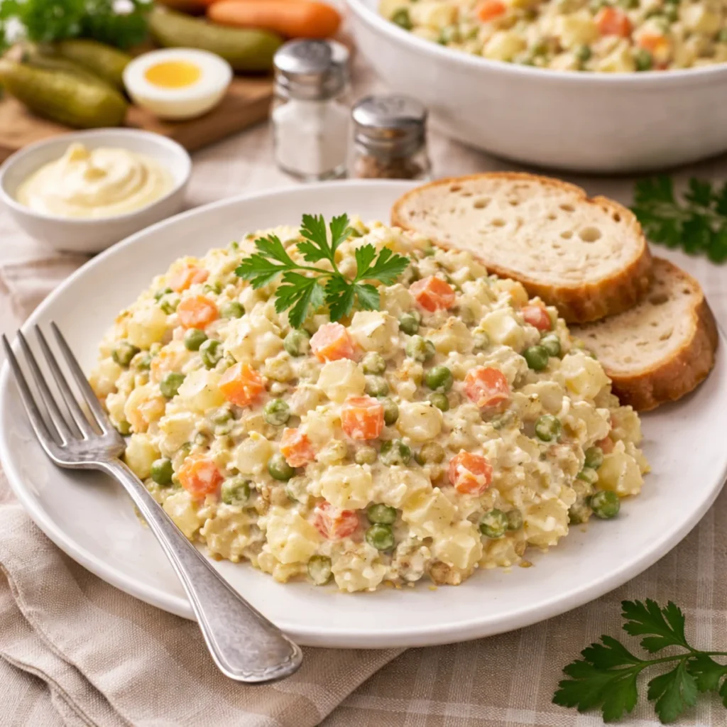 Porcja sałatki jarzynowej jak u babci na talerzu z chlebem i widelcem