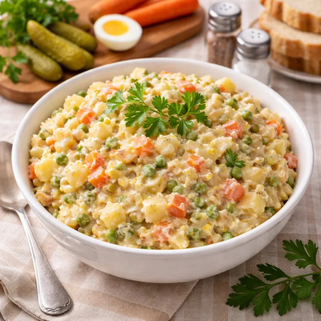 Sałatka jarzynowa jak u babci w dużej misce na stole