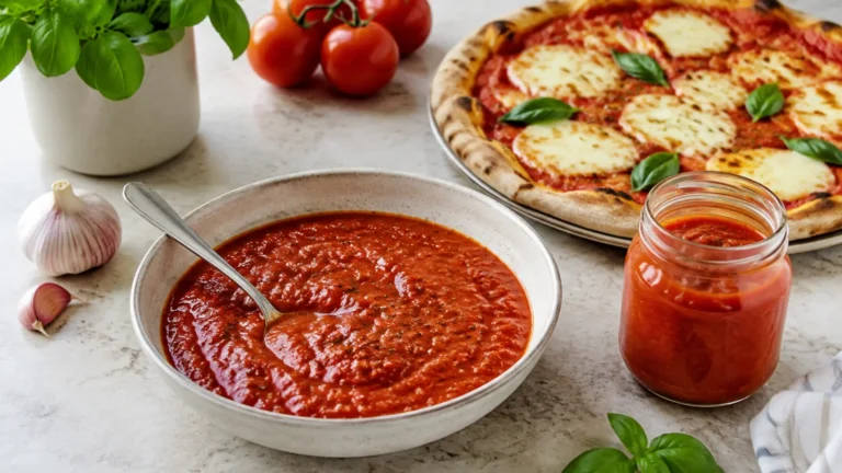 Gęsty sos do pizzy z passaty w miseczce obok domowej pizzy