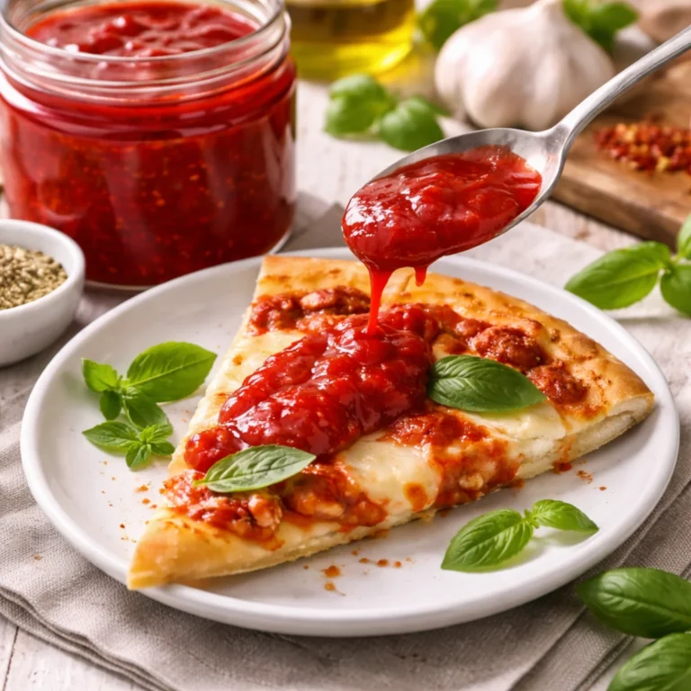 Kawałek pizzy na talerzyku polany sosem do pizzy z passaty, domowe podanie