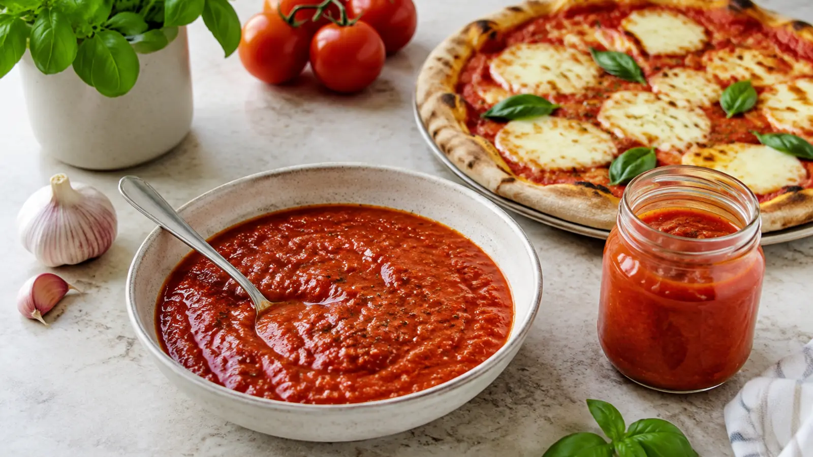 Gęsty sos do pizzy z passaty w miseczce obok domowej pizzy