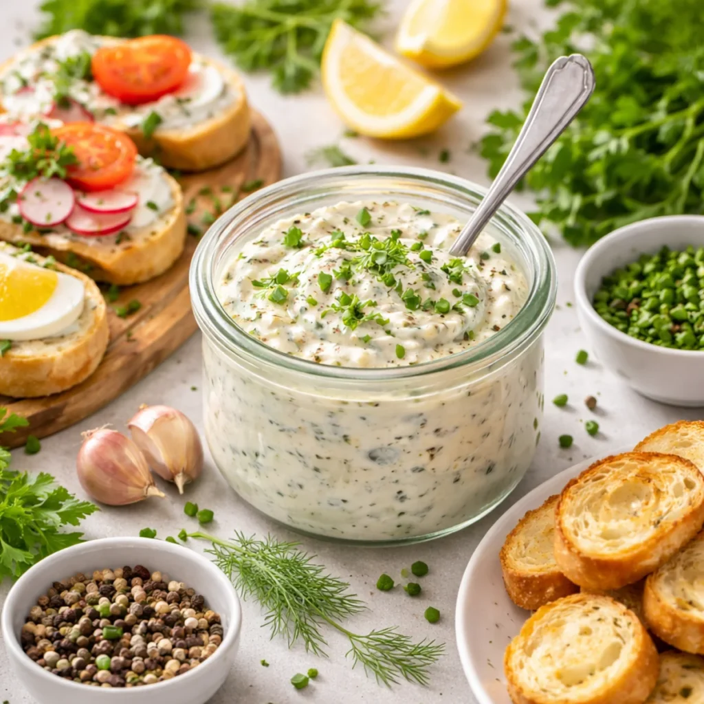 Kremowy sos ziołowy do kanapek w słoiczku na stole, obok pieczywo i świeże zioła